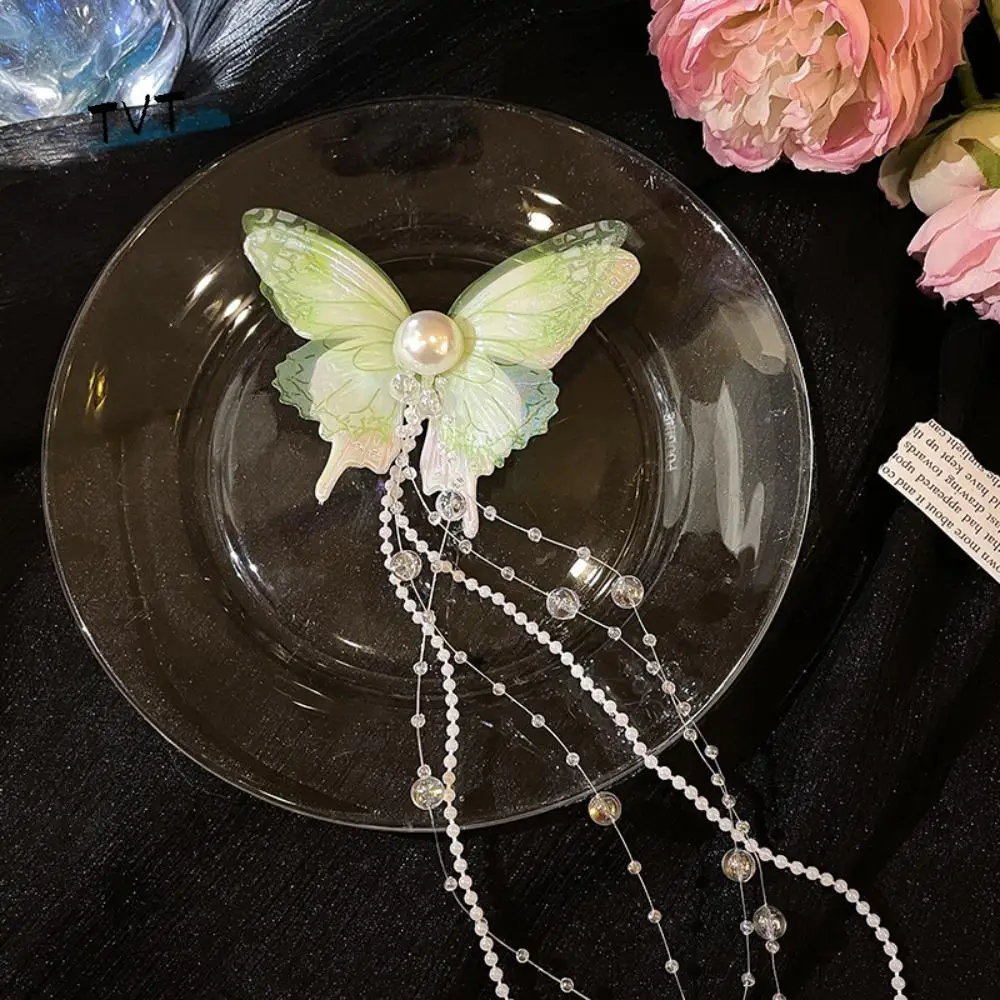 

Sweet Bead Butterfly Hairpin Mesh Imitation Pearl Tassel Duckbill Clip Barrettes Chinese Style Butterfly Hair Clip Girl