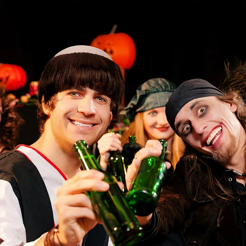 شعر مستعار الراهب المحلوق مع ضفائر بنية وفضية - شعر مستعار للبالغين للرجال، نمط مستقيم أنيق #2