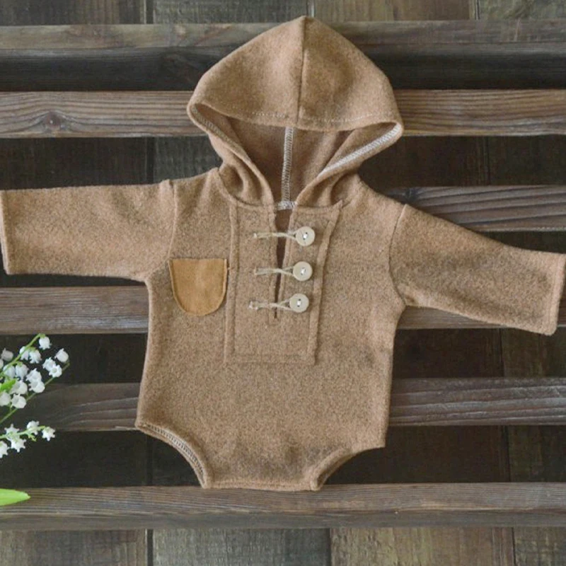 Ylsteed Solid Color Newborn Pocket Long Sleeve Romper for Photo Shooting Baby Boy Hoodie Jumpsuit Infant Photography Outfits