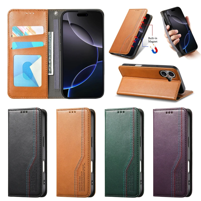 Kartenfach Magnetische Wildleder-Lederhülle für iPhone 18 17 16 15 14 13 12 11 Pro Max Flip Wallet mit Armband und Ständer Stoßfest