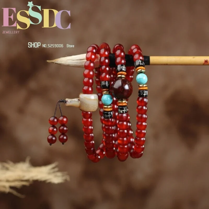 

High Quality Natural Tibet Jokhang Temple Old Sheep Horn Polished Barrels Beads 108 Mala Hand Strings Men and Women Bracelet
