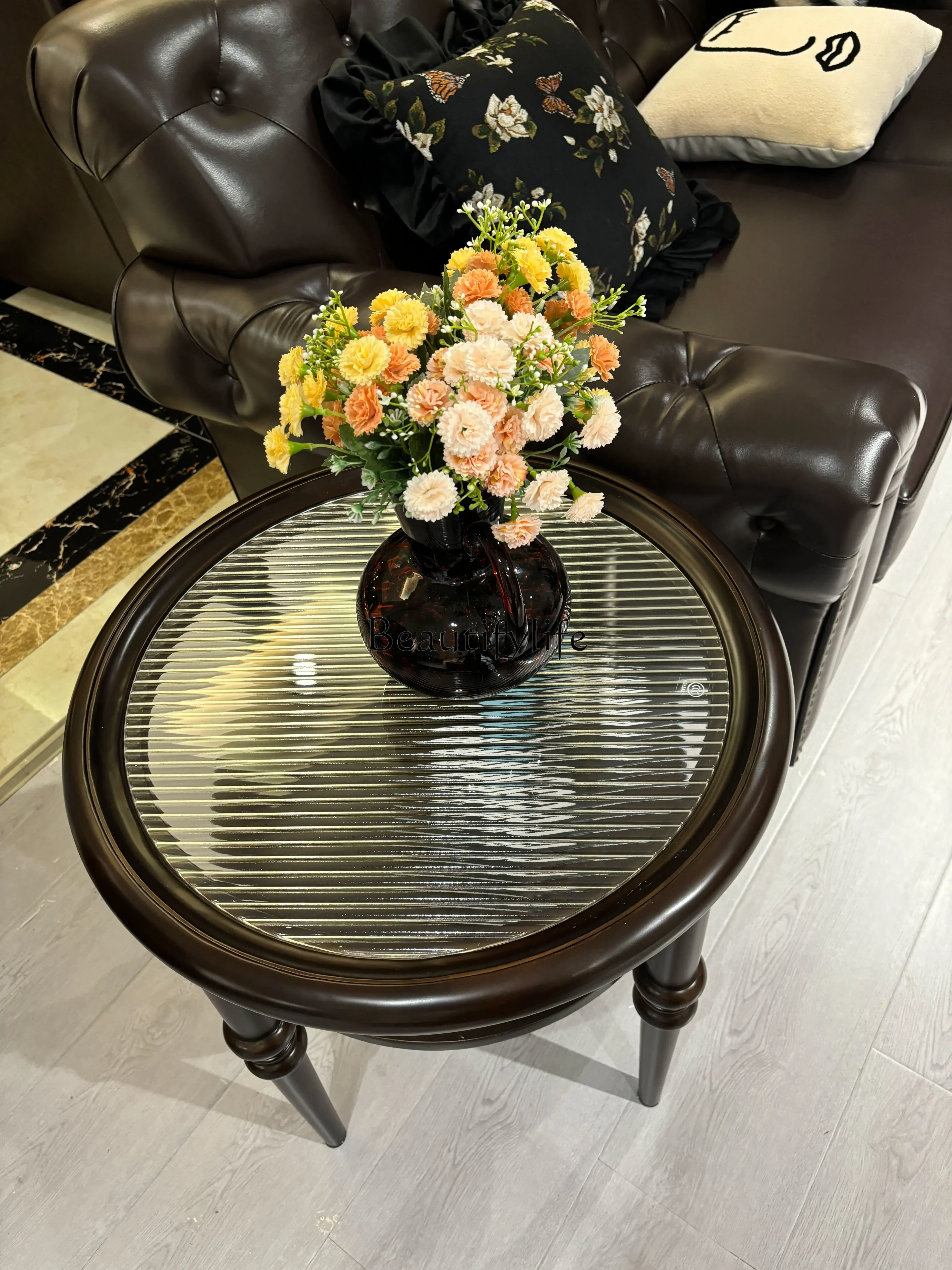 

yj5 French Style Light Luxury Solid Wood Small Round Table for Living Room Home Use Small Apartment Sofa Side Table