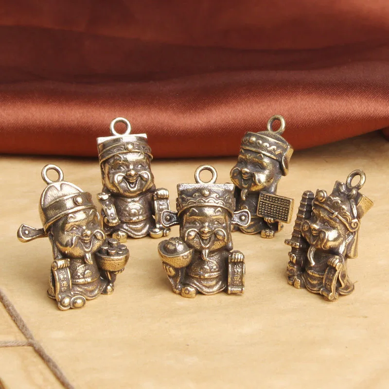 5 Pcs Mini Cute Retro God of Wealth Crafts Brass Fortune God Statue Ornament For Home Car Key Decoration Mascot Gift