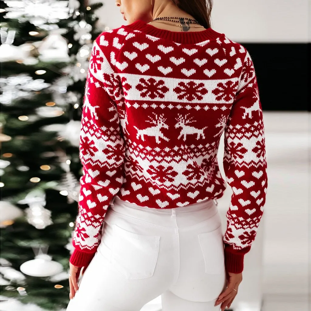 New Winter Christmas Sweater for Women Xmas Moose Print Long Sleeve Y2K Clothes Warm Thicken Jumpers Pullover Tops Knitwear