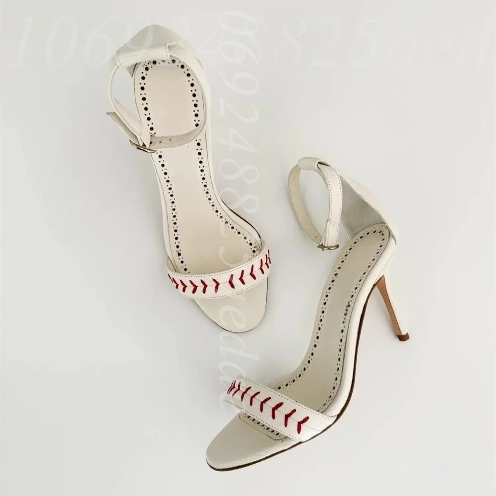 Women's White Baseball Stitch Heeled Sandals Open Toe, Ankle Strap with Buckle, Red Baseball Lacing Detail, Stiletto Heels Shoes