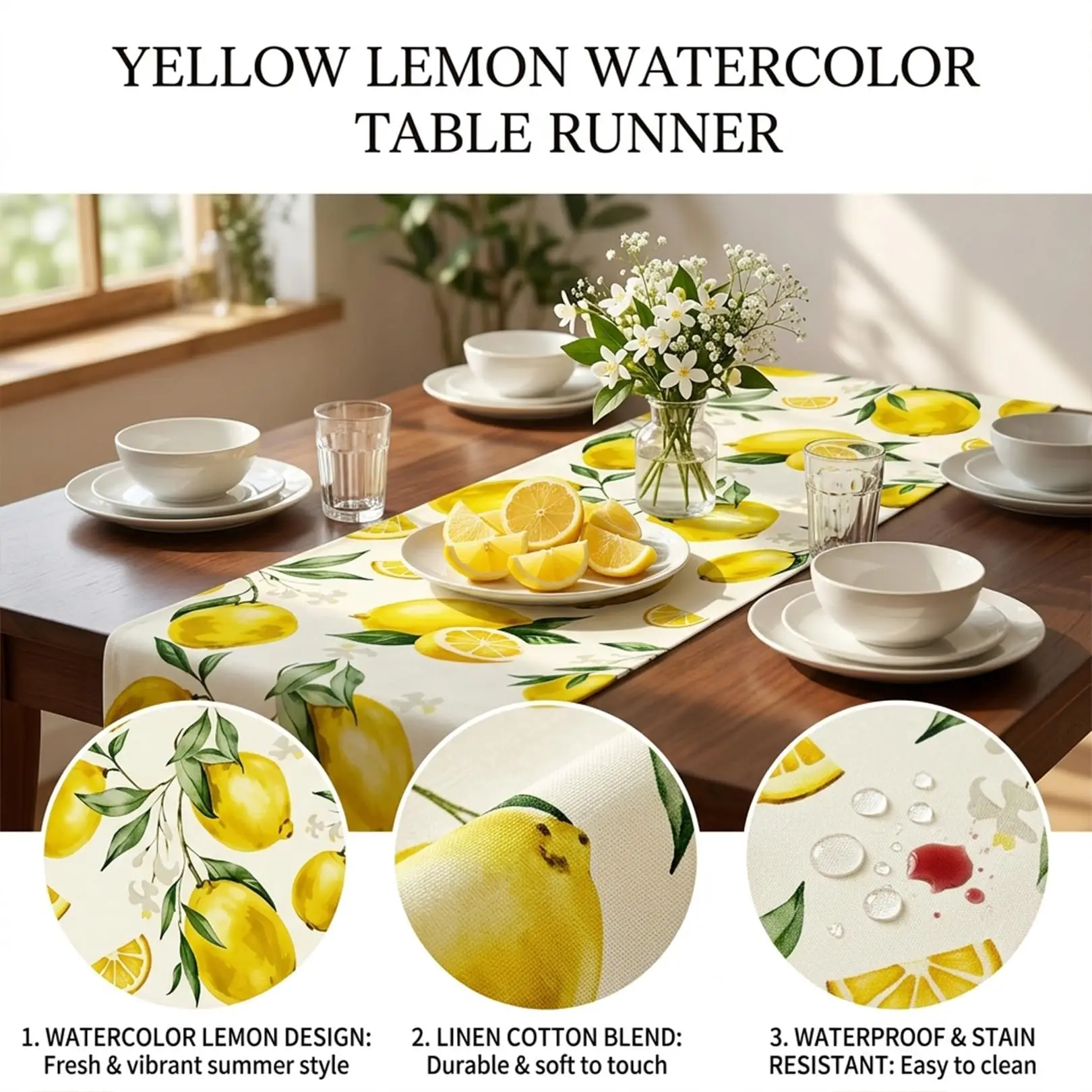 Lemon Table Runner Washable Table Decoration for Outdoor Indoor Dining Table Kitchen Picnic Summer Lemon Party Supply