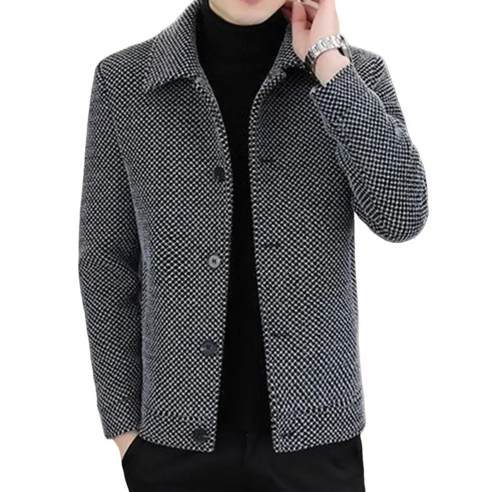

Men Jacket Men's Thickened Plush Lining Lapel Coat for Autumn Winter Single-breasted Outwear Jacket with Long Sleeve Solid Color