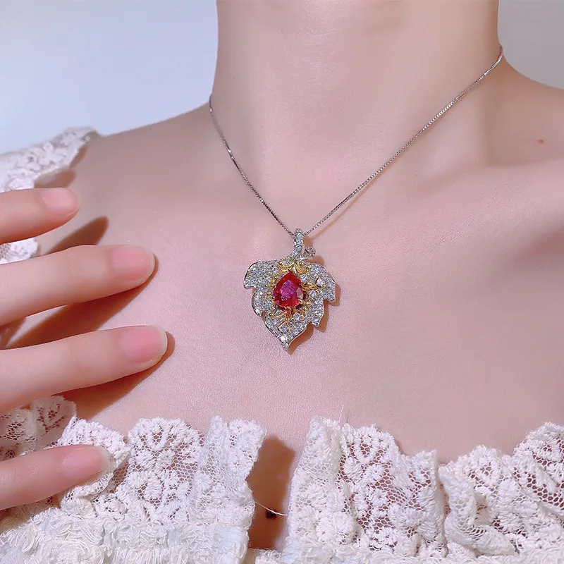 Exaggerated Colorful Gemstone Necklace Natural Pigeon Blood Red Royal Blue Pink Zircon Yellow Zircon Pendant Teardrop Necklace f