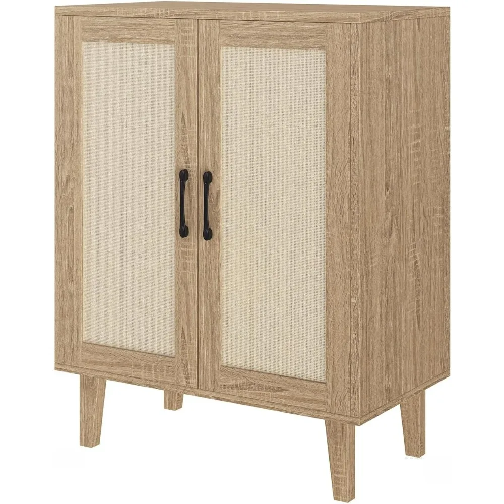 Buffet Cabinet Sideboard with Rattan Decorated Doors Kitchen Storage Cupboard Accent Cabinet Natural Wood