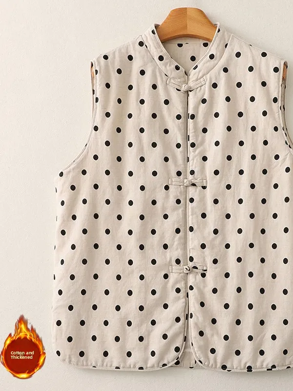 

New Chinese Sle National Trend Plaid Linen Dot Vest Women Winter New Vintage Loose Thi Warm oulder Coat Outerwear