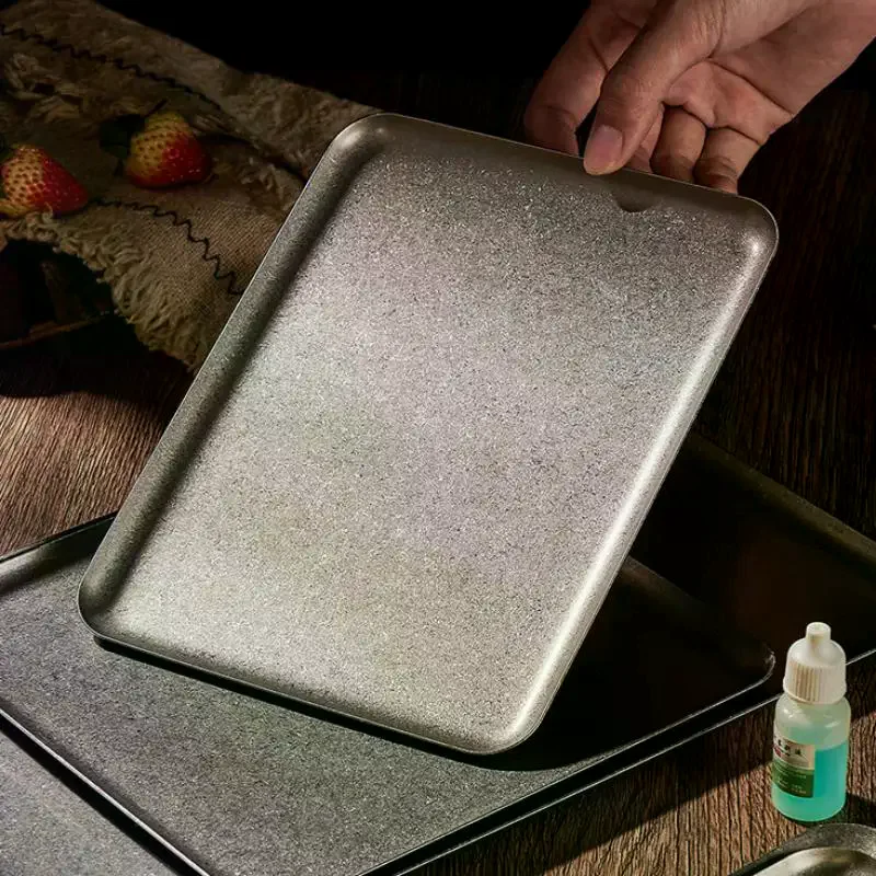 Vintage 304 Stainless Steel Snowflake Silver Square Tray Round Edge Dinner Plate Dessert Grill Tray Steak Plate Decorative Tray