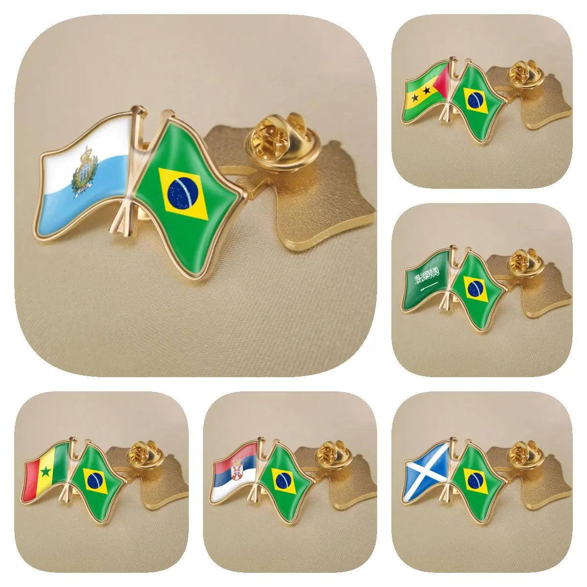 Brazil and San Marino Sao Tome and Principe Saudi Arabia Scotland Senegal Serbia Crossed Friendship Flags Lapel Pins Bradges