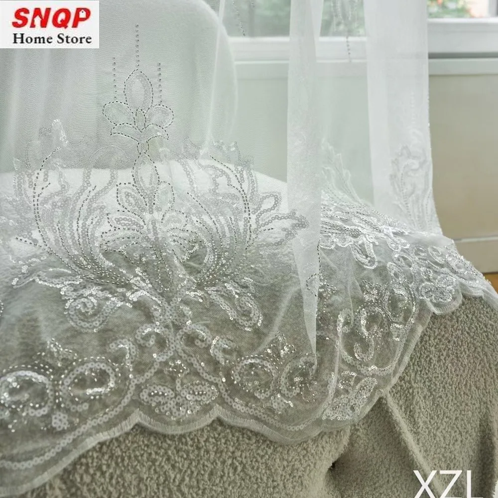 

Custom Size White Tulle Sequin European Embroidered Sheer Curtains for Living Dining Room Bedroom Luxury Window Decor Lace Door