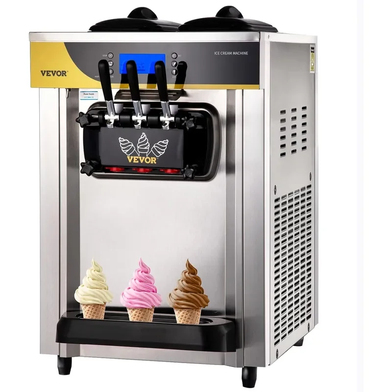Commercial Ice Cream Maker 22-30L/H Yield Countertop Soft Serve Machine with 2x6L Hopper 2L Cylinder LCD Panel Puffing