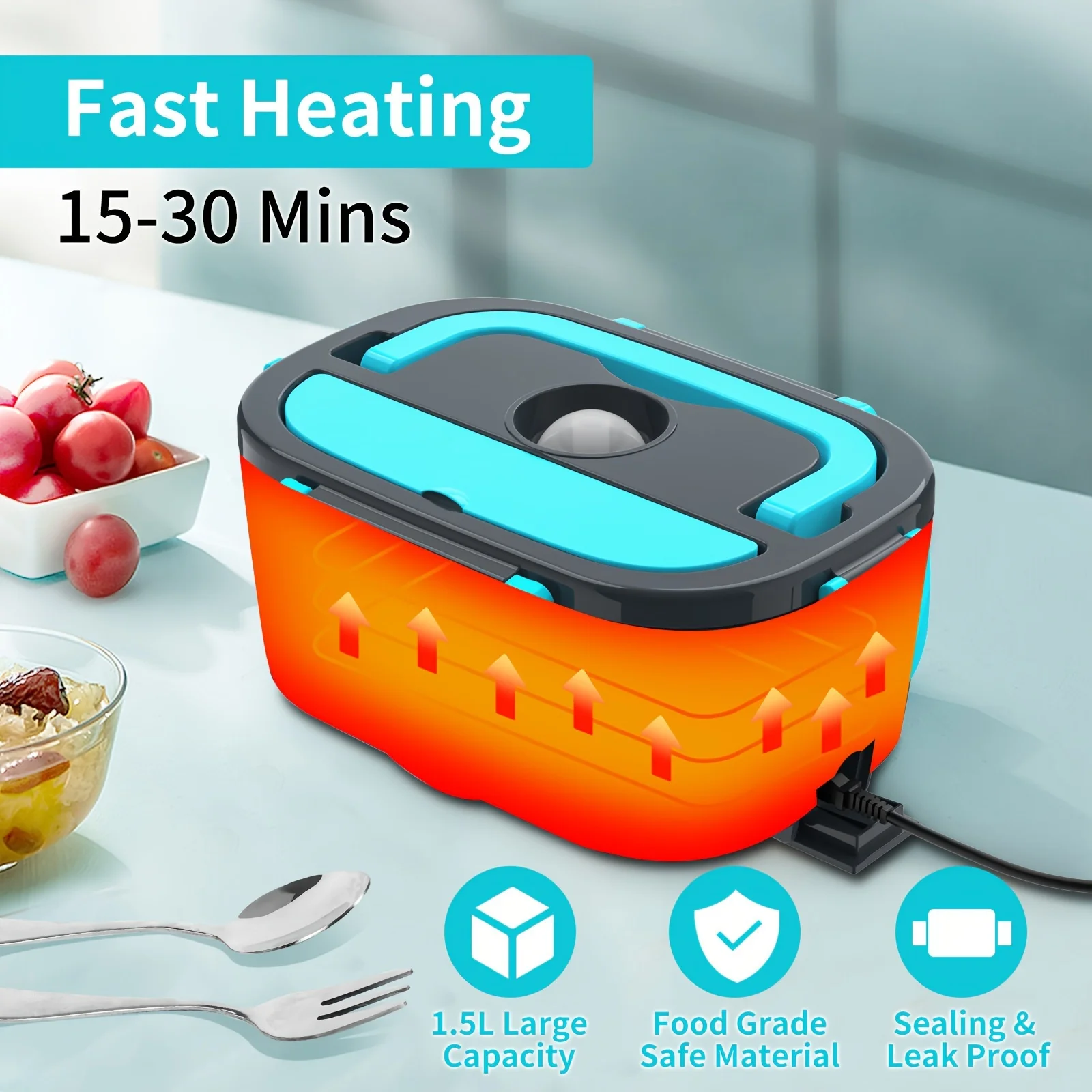 50.72oz Insulated Lunch Box - Portable Quick Heating Lunch Box - Stainless Steel Container with One Plate for Cars, Trucks, Offices, and Outdoors - Multi-Voltage 12V/ 24V/ 110V Adult Food Heater