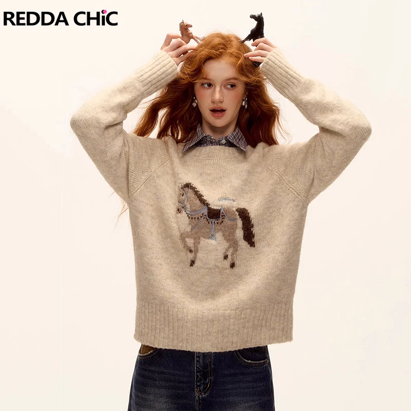 REDDACHiC Horse Western Jumper Top Loose Pullover Crew Neck Long Sleeve Animal Graphic Knit Sweater Lounge Winter Women Clothes