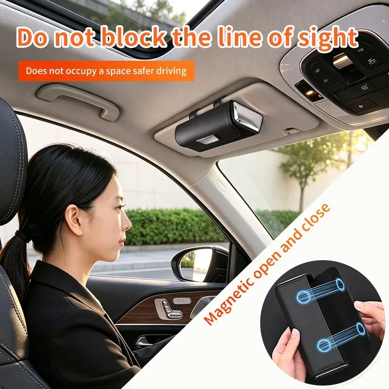 Microfiber Leather Car Sun Visor Sunglasses Box Double‑Magnetic Closure Clip‑On Glasses Holder Storage Auto Interior Accessories