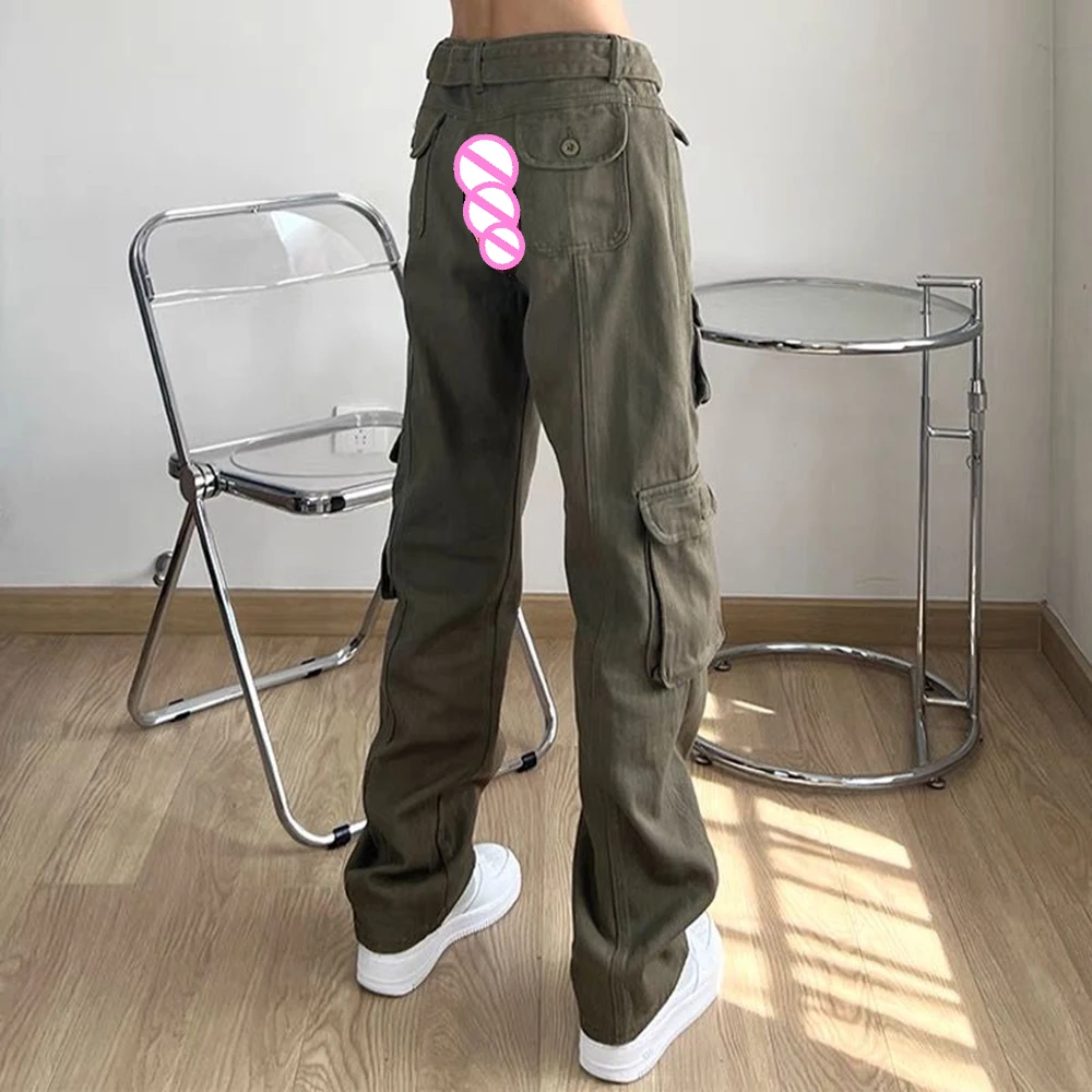 Pantaloni cargo moda casual da donna da uomo con apertura sul cavallo invisibile pantaloni dritti larghi multitasche per sesso all'aperto High Street