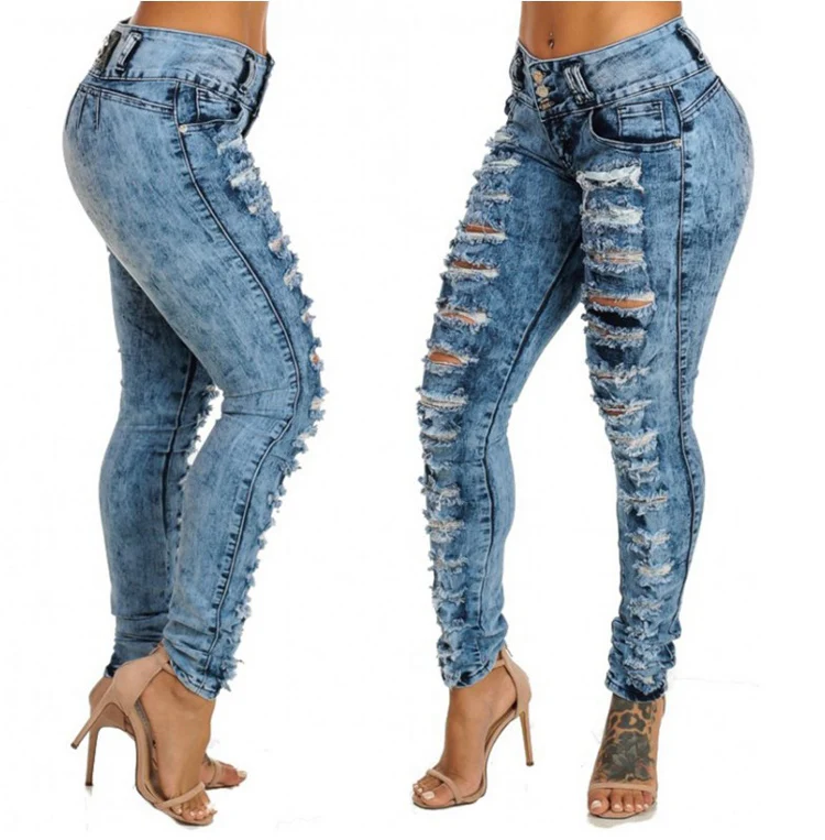 Jean skinny taille haute pour femme avec poches déchirées, pantalon troué en denim, streetwear à boutons déFlex, longueur de rinçage