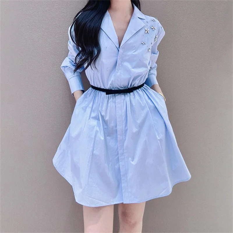 

Elegant dresses for women 2024 Summer New Water Diamond Decorative Mini Skirt Pure cotton long sleeved shirt dress Short dresses