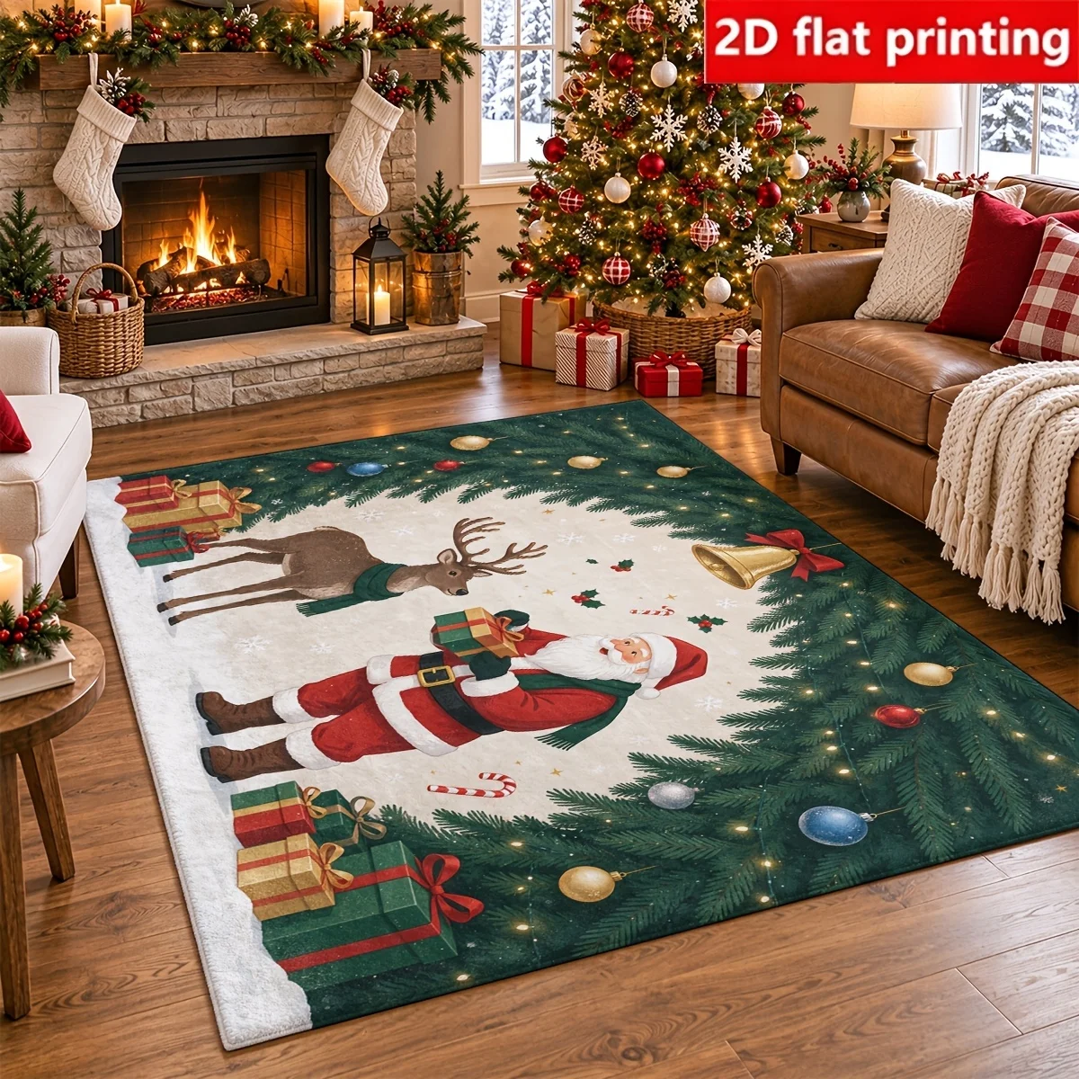 Vintage Santa Sleigh Christmas Area Rug Retro Pine Tree Gift Bell Snowflake Print Large Floor Mat Antique Winter Holiday Carpet