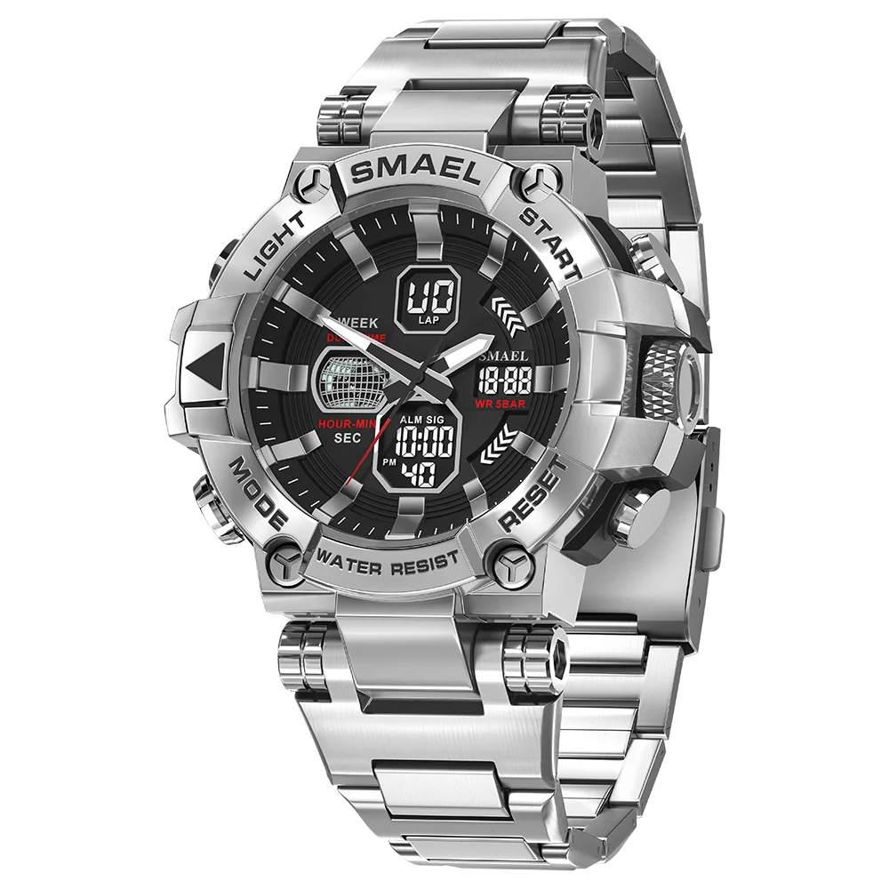 SMAEL New Sport Watch 304 Stainless Steel Strap 8096 50M Waterproof Clock Alarm Dual Display Quartz Watches For Men