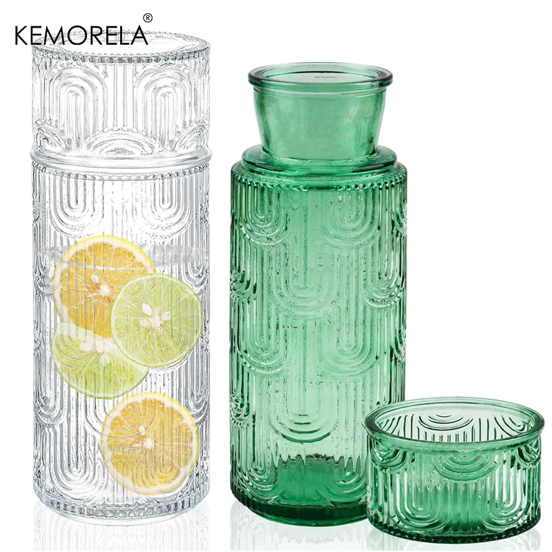 Vintage Glaskaraffen-Set mit Trinkglas, Nachttisch-Karaffe, Klarglaskrug, geeignet für Saft und Tee, für Schlafzimmer und Badezimmer