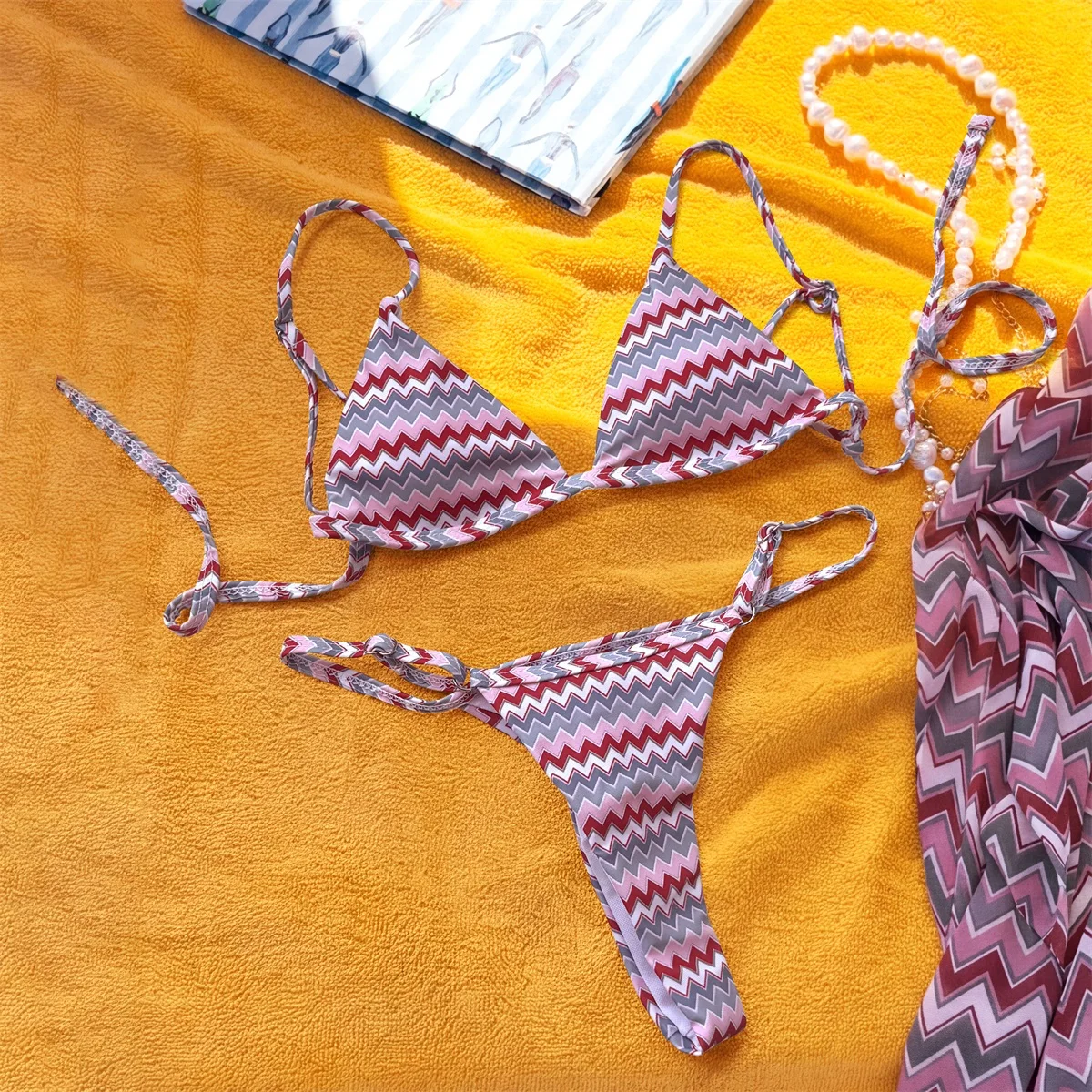 Bandeau 3Pcs Sexy Bikini Women Swimsuit Female Push Up Swimwear Crochet Print Biquini Mesh Pants Swim Suit Bathingsuit Beachwear
