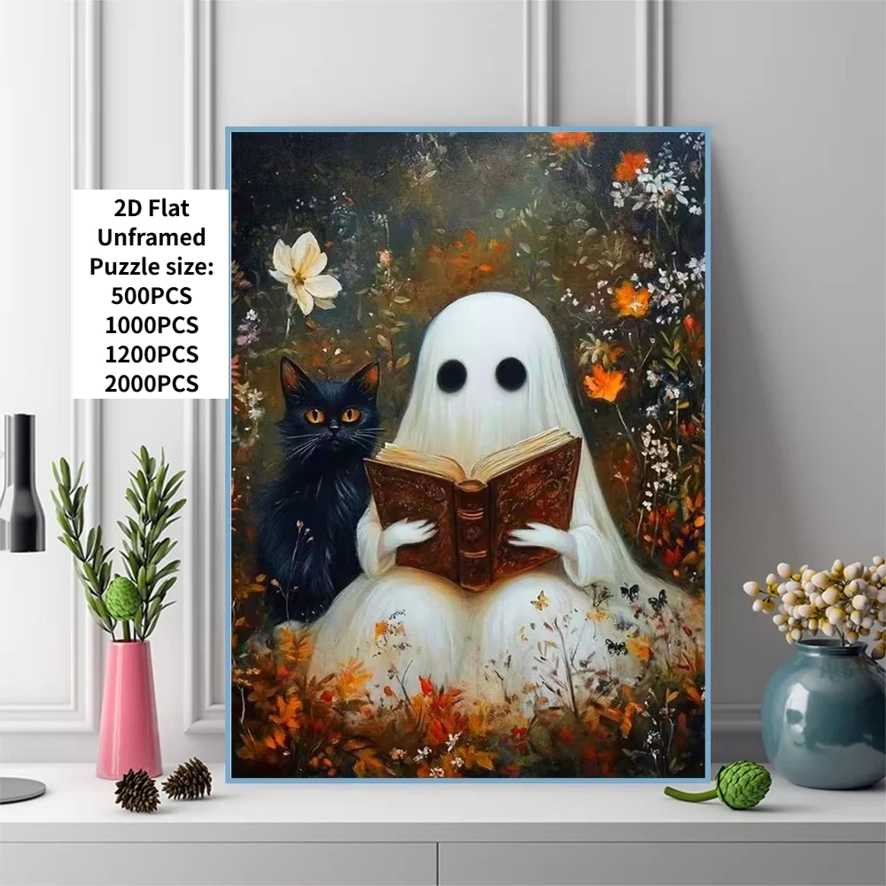 500/1000 Pcs Jigsaw Puzzles Ghost Black Cat Paper Challenging Family Activity Games for Gameroom Bedroom Livingroom Gift