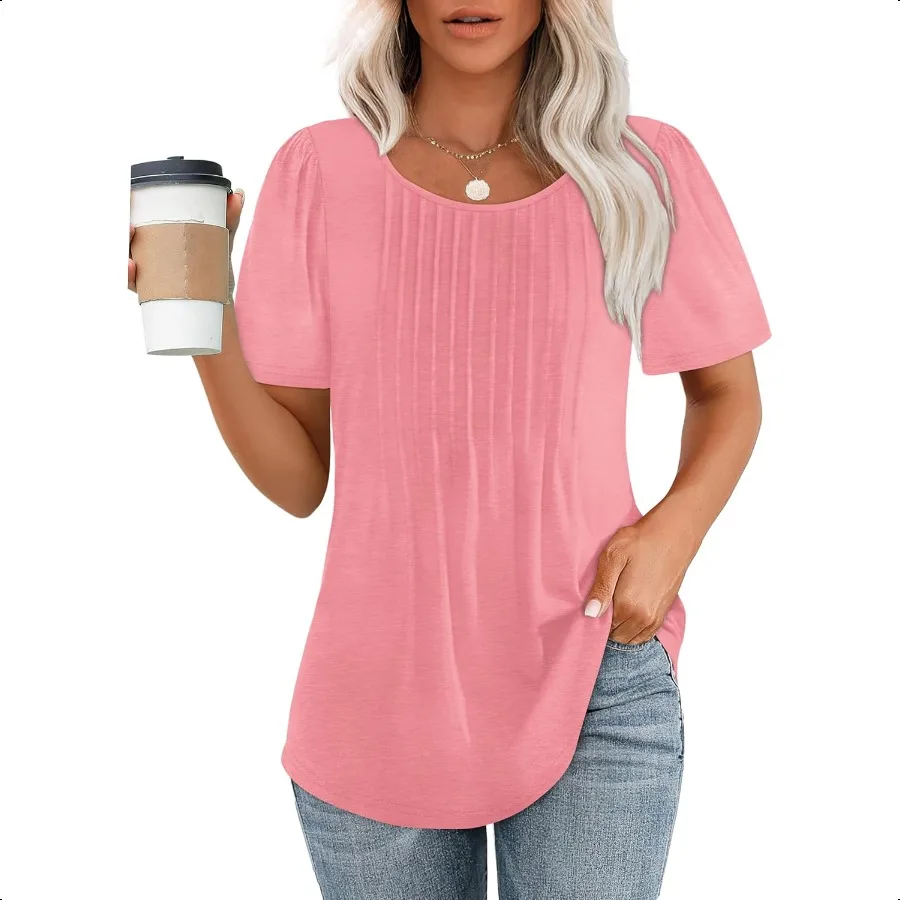 

OFEEFAN Womens T Shirts Short Sleeve Pleated Dry Casual Scooped Neck Summer Tops Blouses