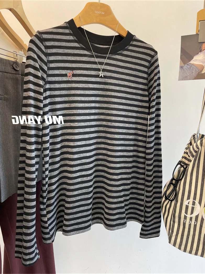 

Retro Embroidered Stripe Long Sve T-irt Women's Loose Lazy Sle plus Size Fat MM Top Korean Sle Cotton Crew Nec...