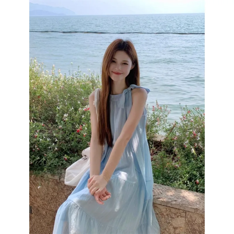 Sweet Women's Long Dress Halter Solid Sleeveless Casual Blue Camis Dresses Vintage Sexy Young Lady Skirts Summer Preppy Clothing