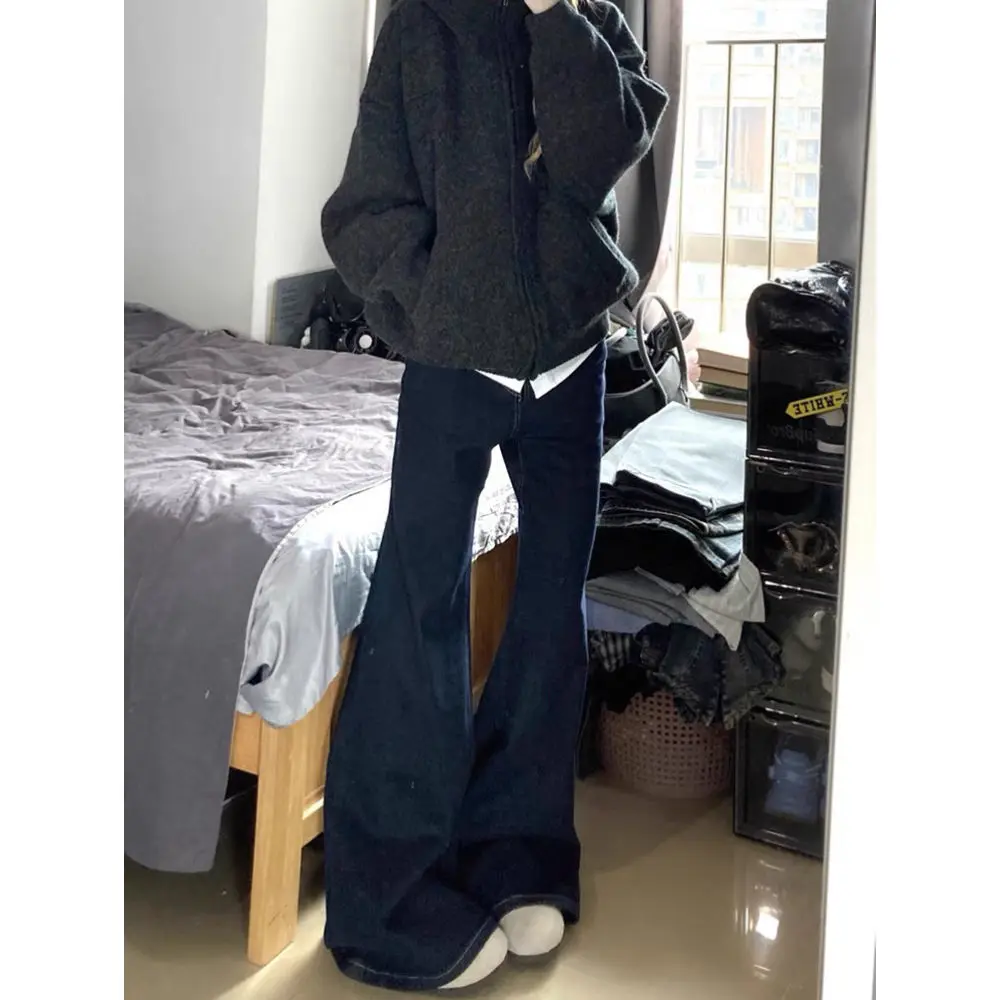 Jean évasé pour femmes, bouton, fermeture à glissière, boucle de ceinture, ceinture réglable, Simple, automne, printemps, vêtements pratiques classiques