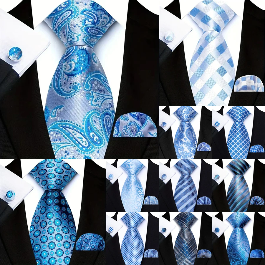Luxus 3Pcs Sky Blue Lake Blue Männer Krawatte Hanky Manschettenknöpfe Set Jacquard 8cm Krawatte für Männliche Hochzeit business Party Zubehör Geschenk