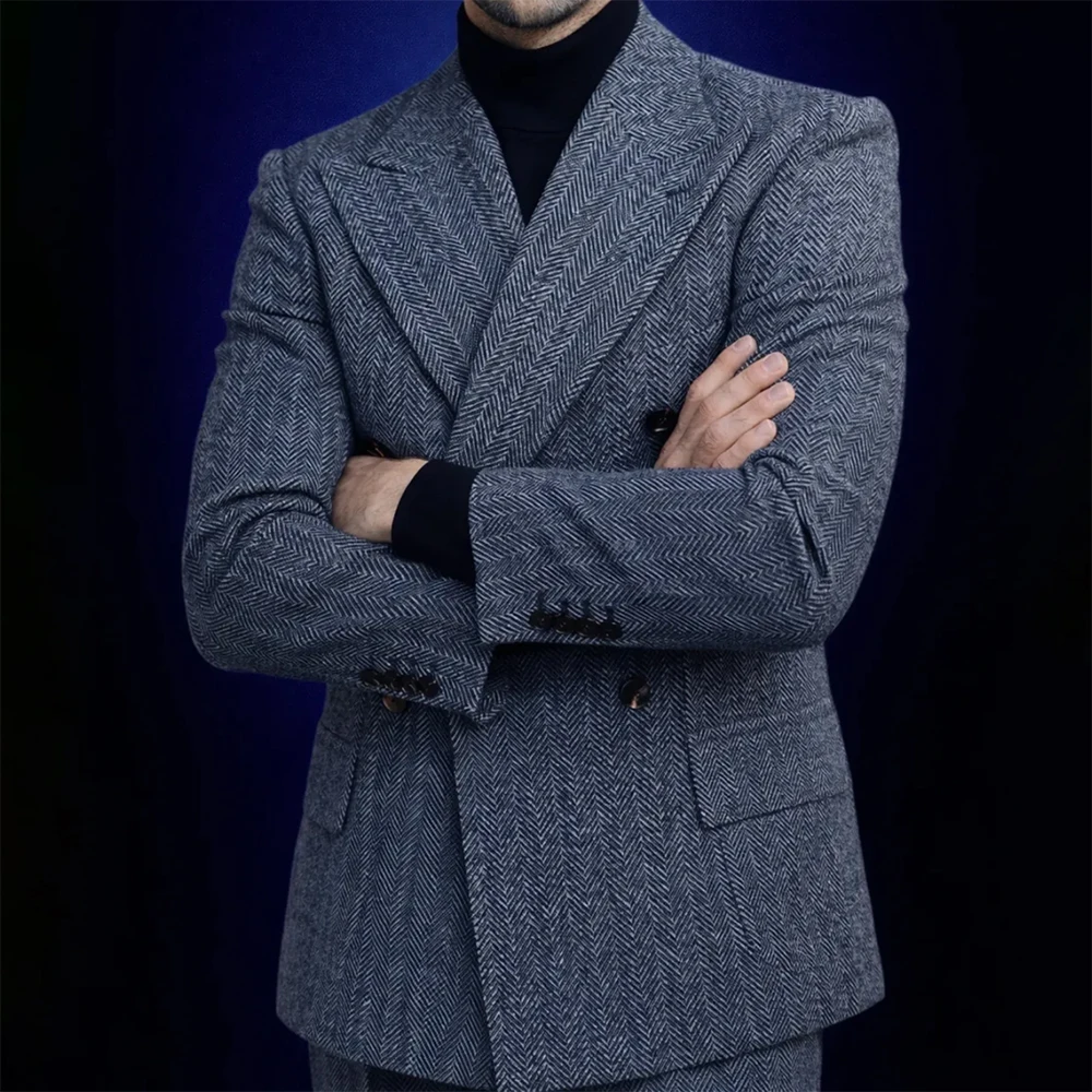 

Элегантный мужской твидовый костюм: двубортный пиджак с острыми лацканами и брюки, деловой комплект из 2 предметов для мужчин