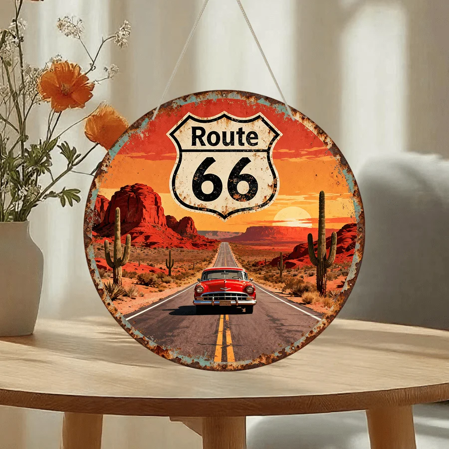 2D Flat, Vintage-Style Wooden Route 66 Sign with Red Car on Desert Road, 1pc, Holiday Hanging Decorative Plaque. 19.99x19.99cm R