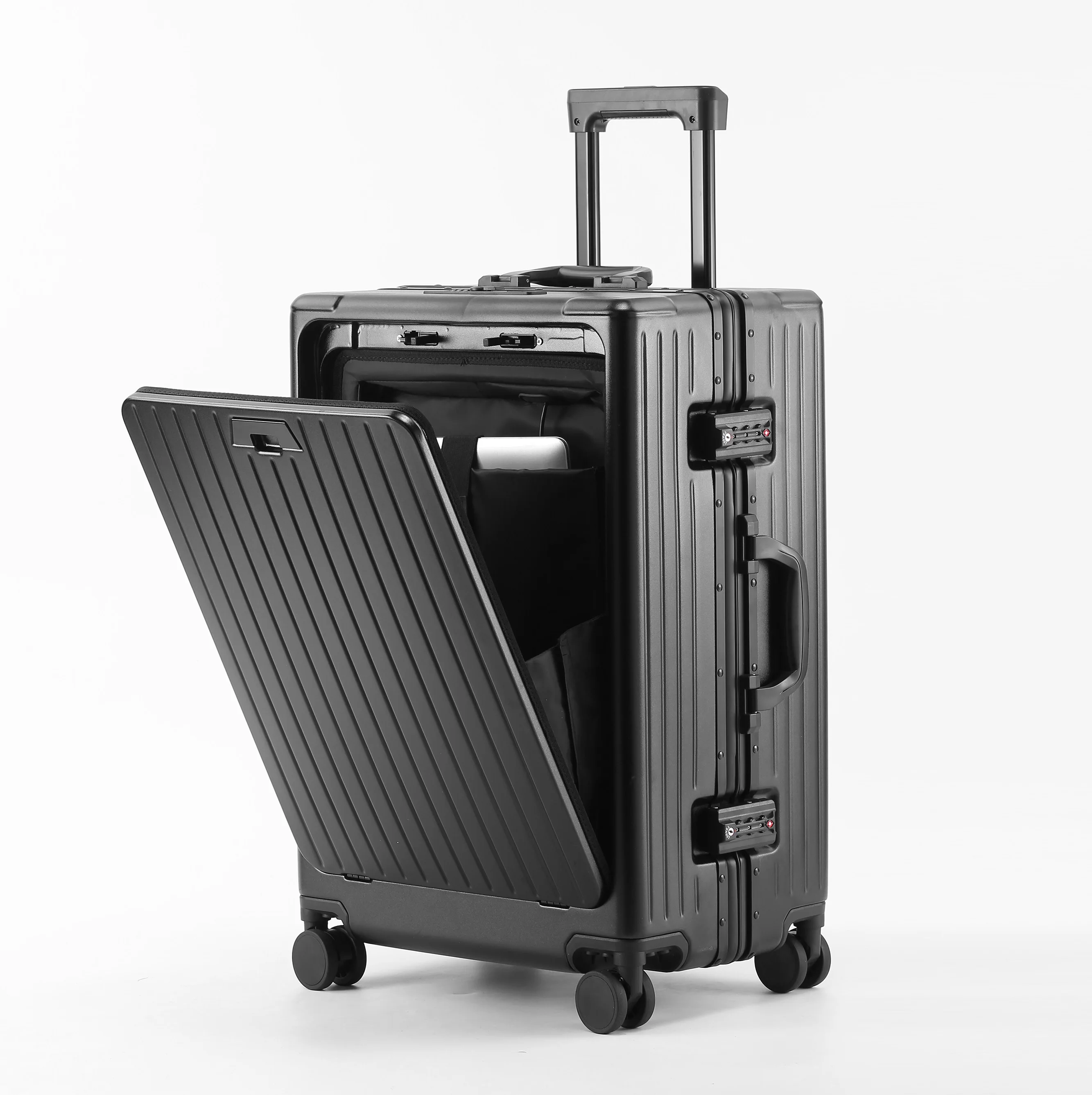 حقيبة أمتعة من الألومنيوم بتصميم جديد لعام 2025 مقاس 20/24 بوصة تحمل على المقصورة وعجلات دوارة وخفيفة الوزن وحقيبة سفر ذات غلاف صلب باللون الأسود