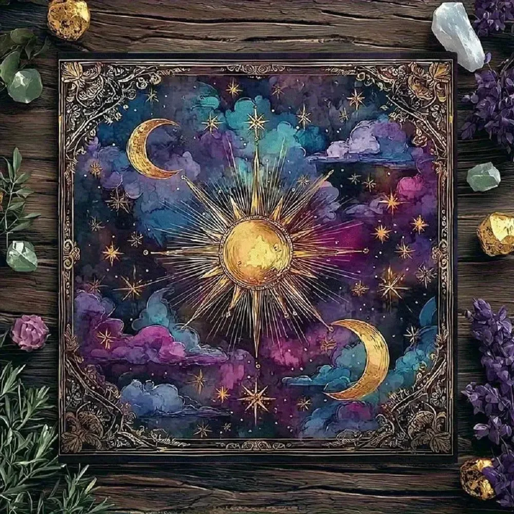 1pc Moon & Sun Tablecloth | Celestial Altar Cloth with Intricate Star & Moon Design, Vibrant Purple/Blue/Golden Colors
