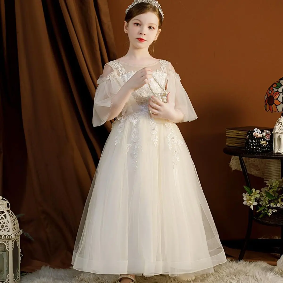 

Flower Wedding Dress For Girls Piano Perform Costume Elegant Evening Gown Girl Princess Dress Children Baptismal White Dress
