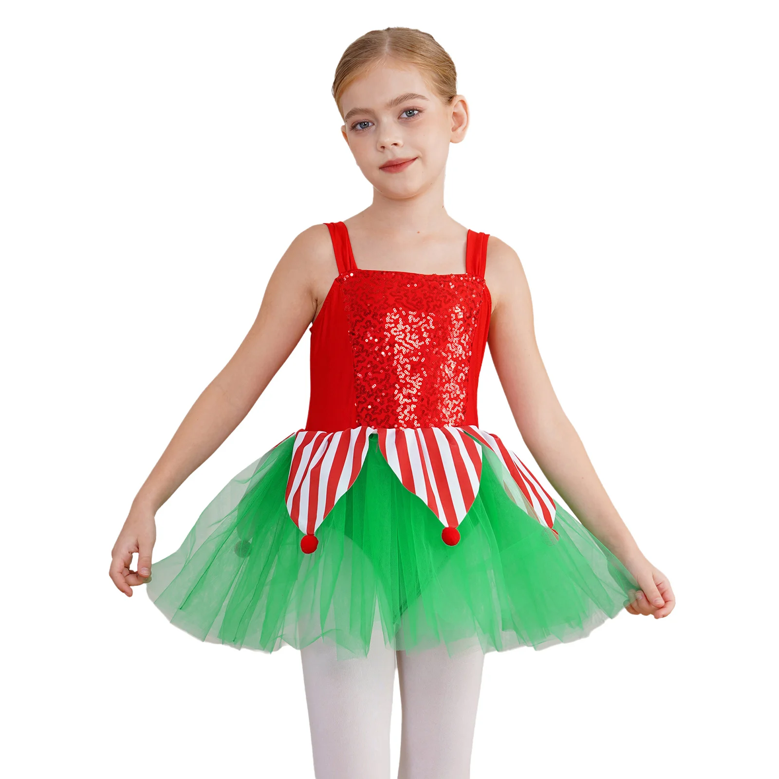 Kids Girls Christmas Performance Costume Striped Triangle And Velvet Pom-poms Mesh Patchwork Sequins Jumpsuit A-Line Dress