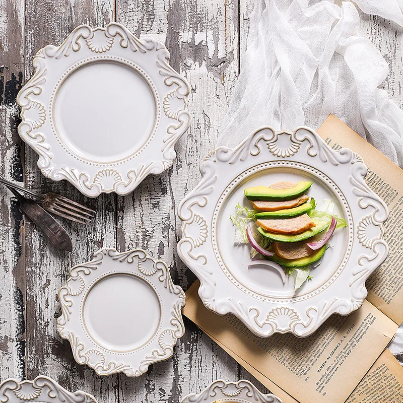 Retro Ceramic Tableware Dishes West Plate Rice Bowl Soup Noodles Dessert Plate Pattern European Relief Dinnerware