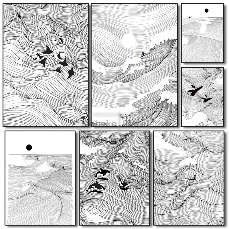 Black and White Waves Line Minimalism Surfing Poster Manta Ray Whale Orca Prints Canvas Wall Art Pictures Home Room Modern Decor