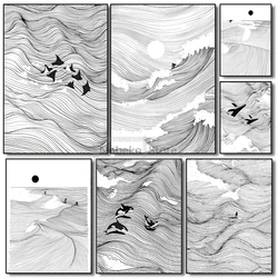 Black and White Waves Line Minimalism Surfing Poster Manta Ray Whale Orca Prints Canvas Wall Art Pictures Home Room Modern Decor