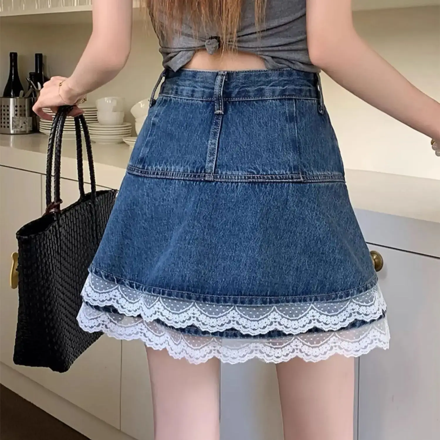 Gonna di jeans in pizzo per ragazza piccante Vita alta A-Line Slim Fit Gonna corta a trapezio Minigonna avvolgente casual per ragazza calda estiva