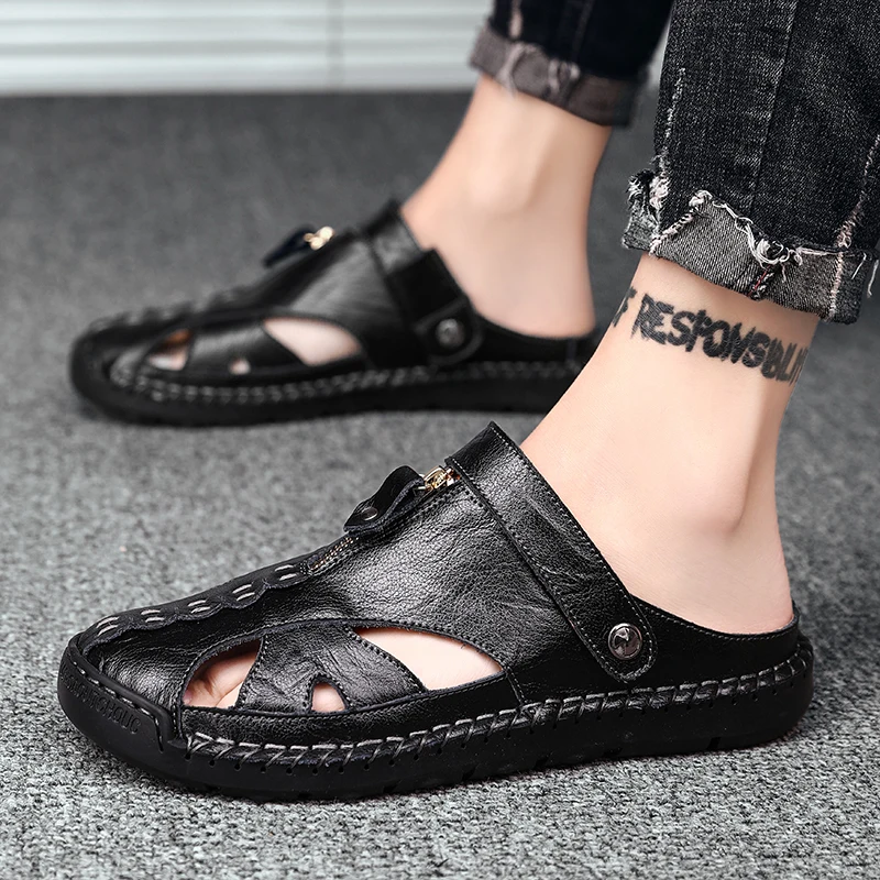 

Men's Handmade Stitching Men's Black Sandals Two Wearing Slippers Summer Outdoor Male Footwear Firm Original Beach Men Slippers