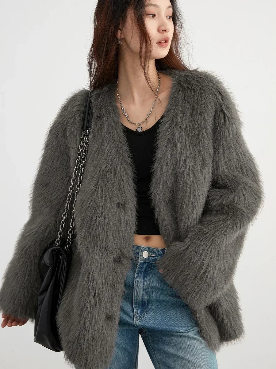 CHIC VEN Korean Women Jackets Loose Solid New V-neck Plush Warm Faux Fur Coat Female Jacket Woman Outerwear Autumn Winter 2024