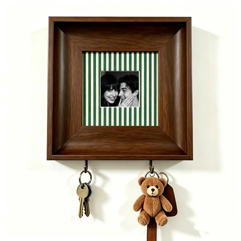 Square 6 Inch Creative Key Holder Photo Frame Wall Mounted Couple Picture Frame Entryway Home Decor Hanging Rack Organizer