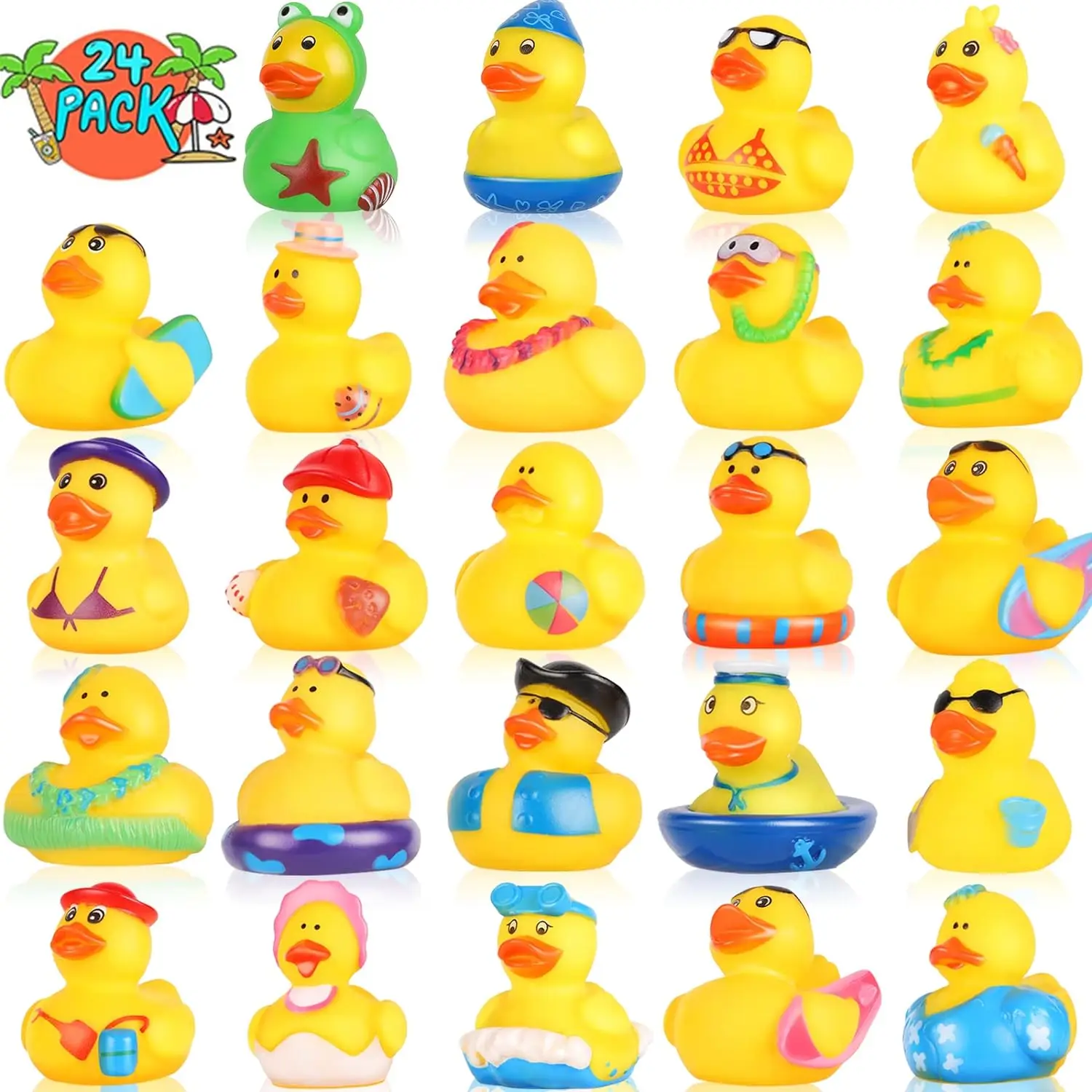 

24 PCS Summer Rubber Duck Beach Rubber Duck in Bulk Assorted Rubber Duck for Duckies Game, Pool Play/Baby Bath Toys Party Favors