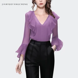 2024 Spring Summer Purple Ruffles Chiffon Blouse Long Sleeve V-neck Elegant Flowy Tulle Tops Loose Fare Sleeve Casual Shirts