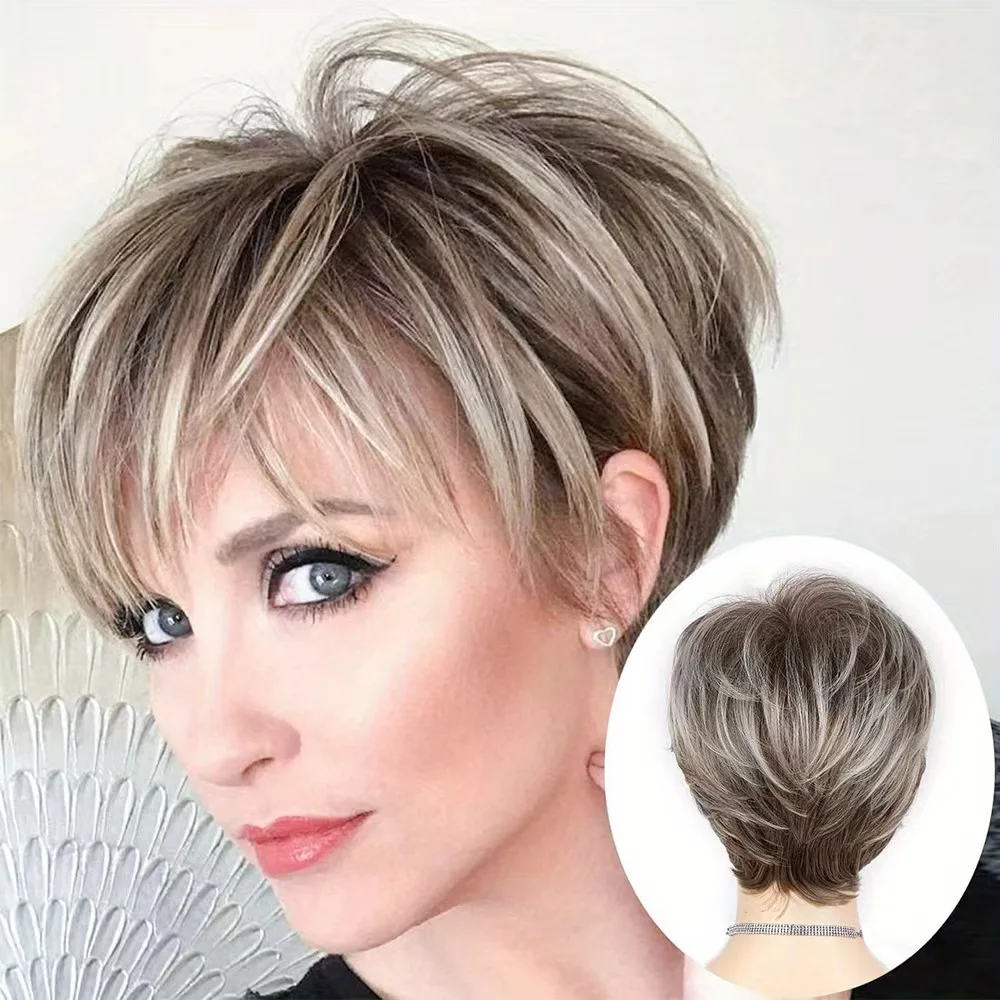 Synthetic wig brown hair mixed blonde hair short wig with bangs for women